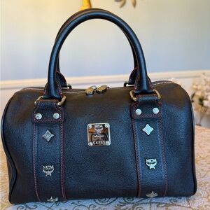 MCM Black Leather Satchel with Red Stitching